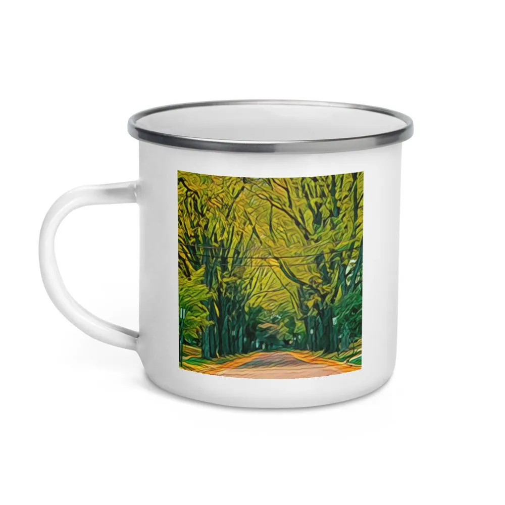 Enamel Mug with Fall Street Scene from Upper Arlington, OH. Autumn Tree Artwork