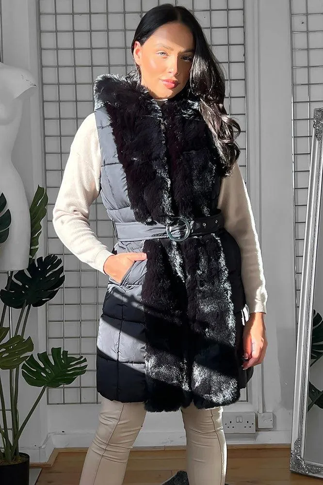 Faux Fur Trimmed Sleeveless Belted Jacket