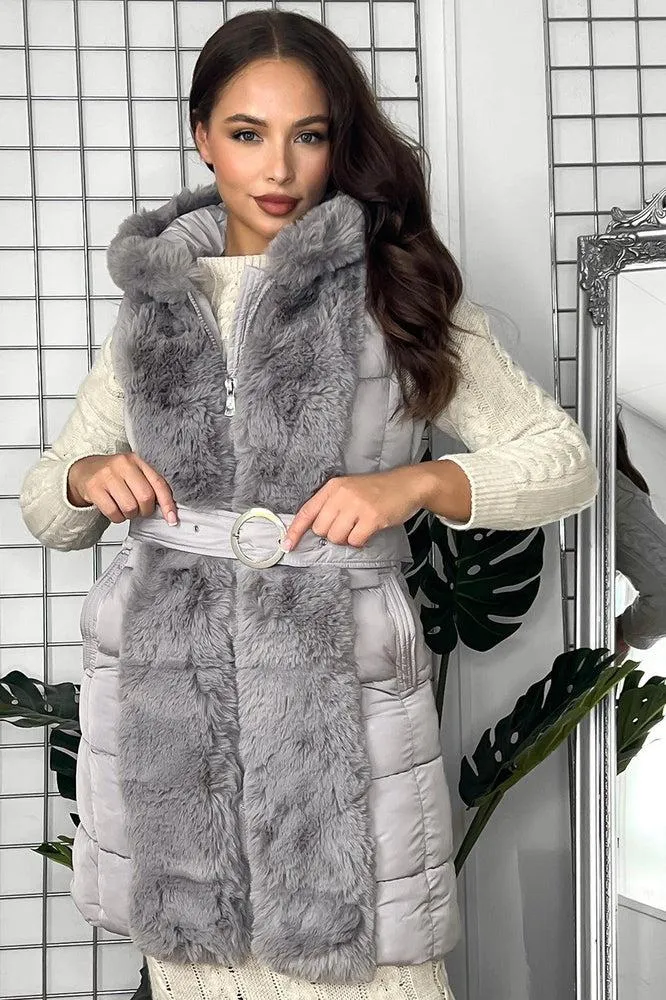 Faux Fur Trimmed Sleeveless Belted Jacket