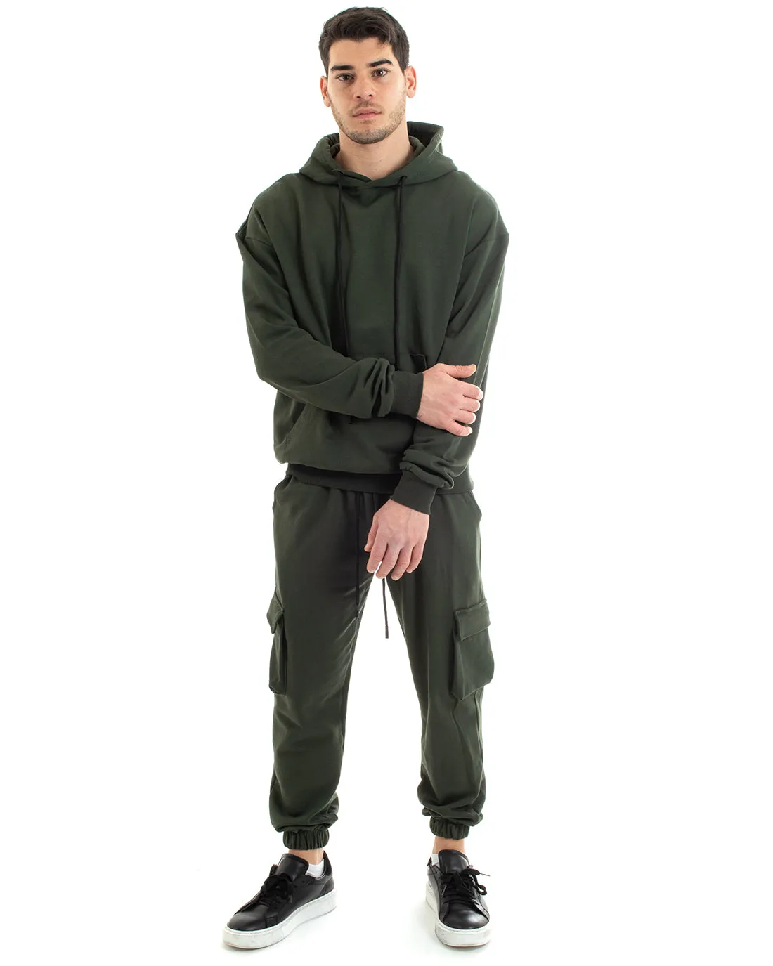 Felpa Con Cappuccio Uomo Basic Tinta Unita Verde Comoda Relaxed Fit Cotone GIOSAL-F2985A