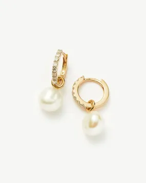 Fine Diamond & Pearl Charm Hoop Earrings | 14k Solid Gold/Pearl & Diamond