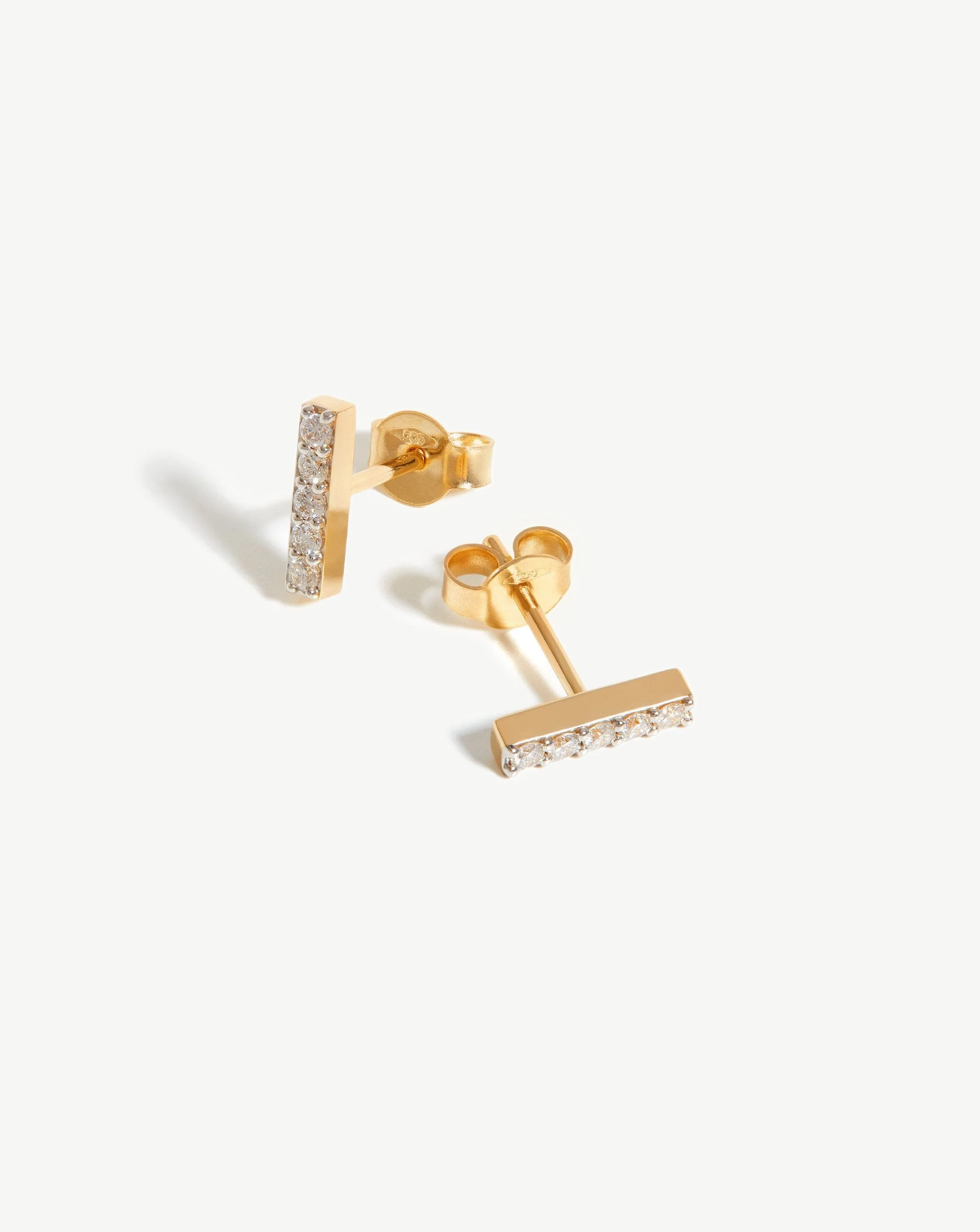 Fine Diamond Bar Stud Earrings | 14k Solid Gold/Diamond