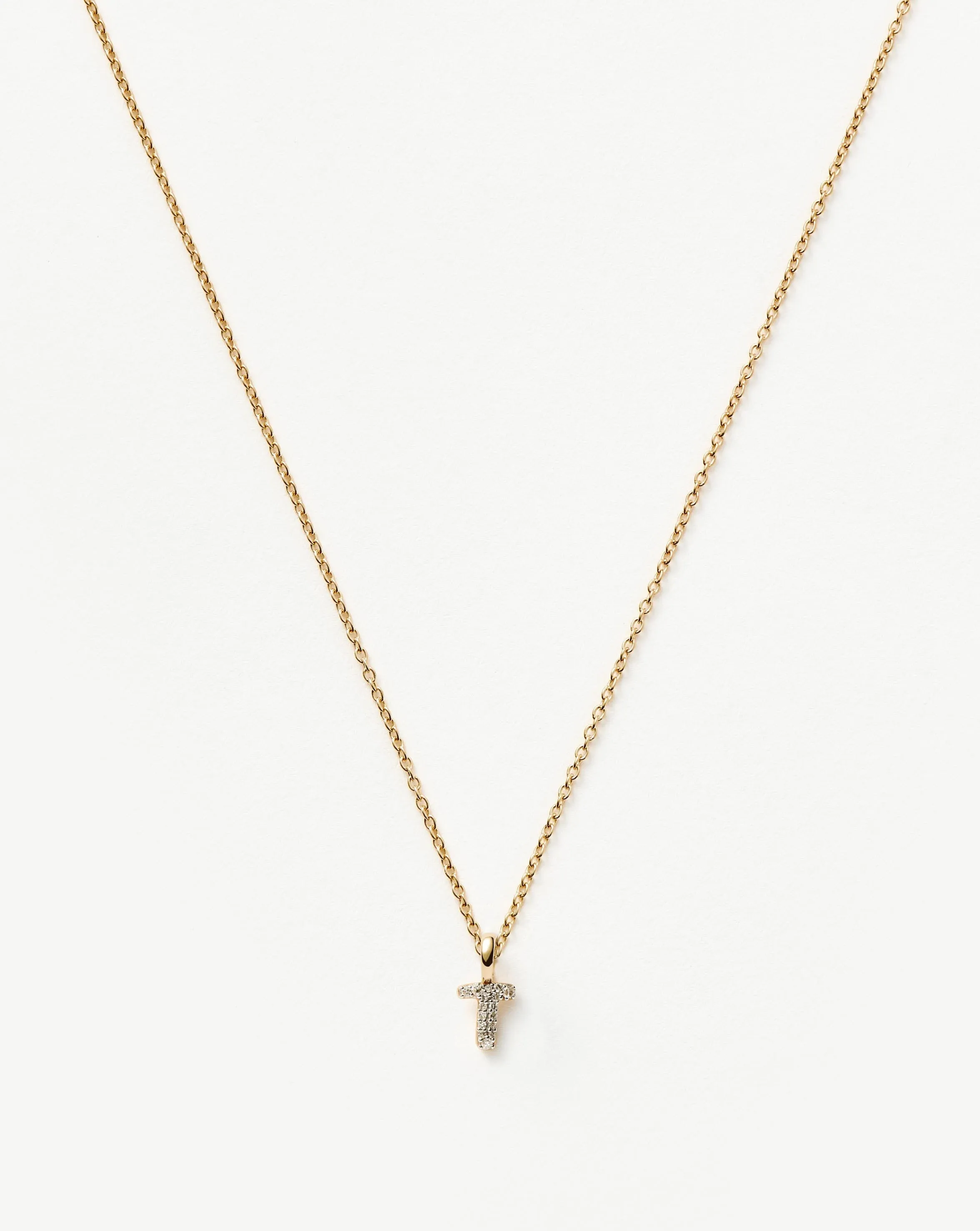 Fine Diamond Initial Mini Pendant Necklace - T | 14k Solid Yellow Gold Plated/Diamond