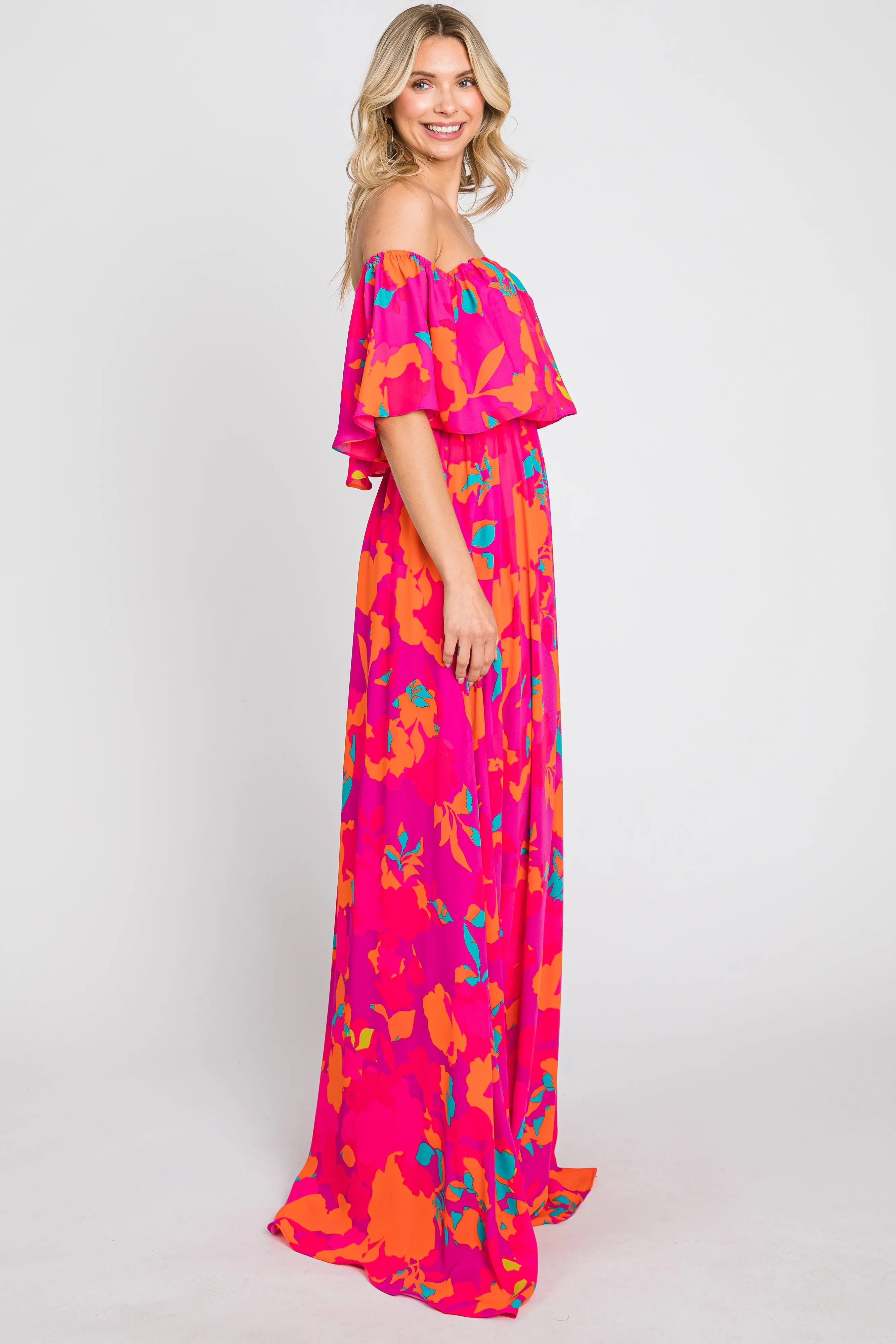 Fuchsia Floral Strapless Flounce Maxi Dress