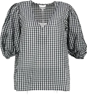 Ganni Black / White Check Puff Sleeve Top UK 16