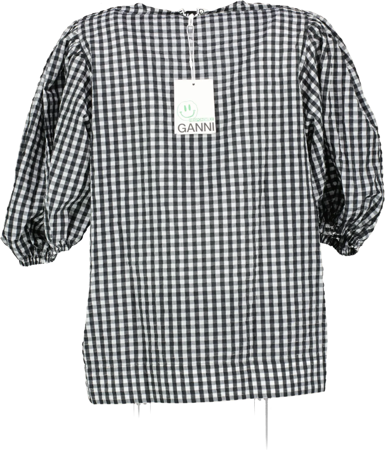 Ganni Black / White Check Puff Sleeve Top UK 16