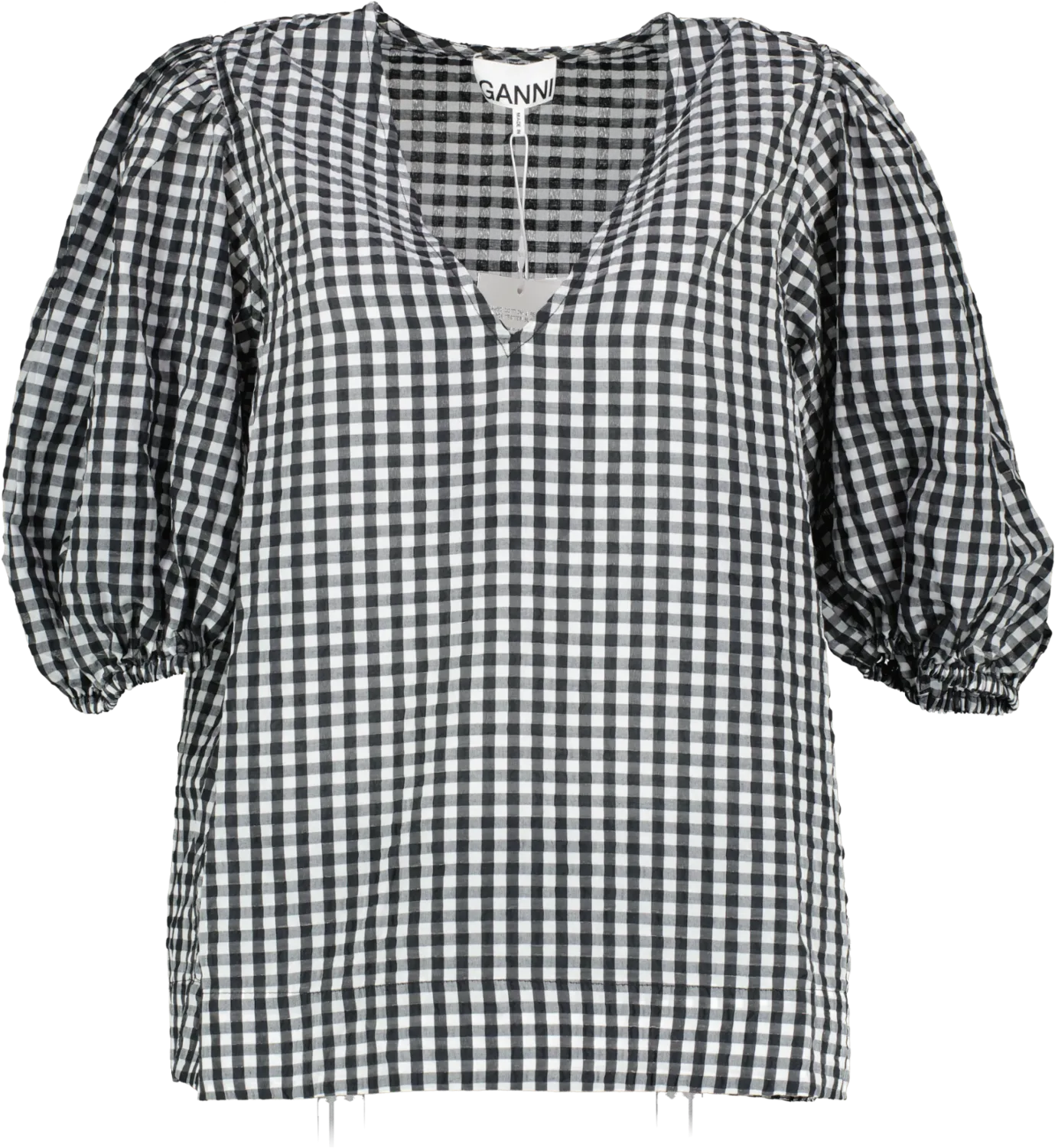 Ganni Black / White Check Puff Sleeve Top UK 16