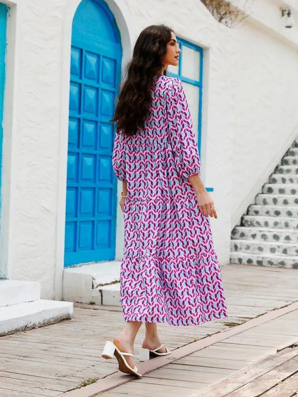 Geometric Puff-Sleeve Maxi Dress