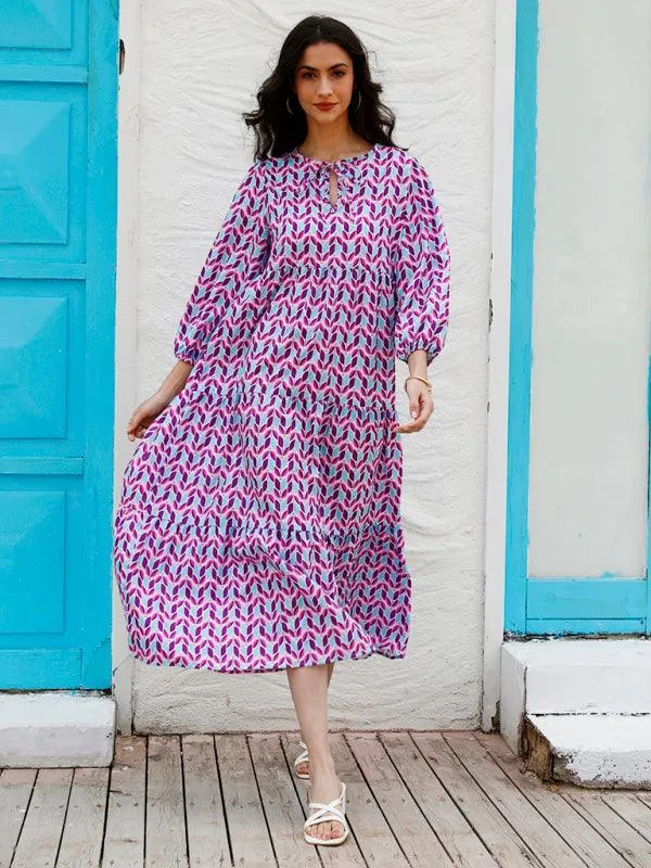 Geometric Puff-Sleeve Maxi Dress