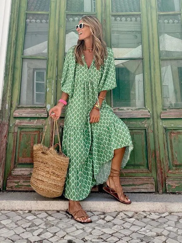 Geometric Puff-Sleeve Maxi Dress