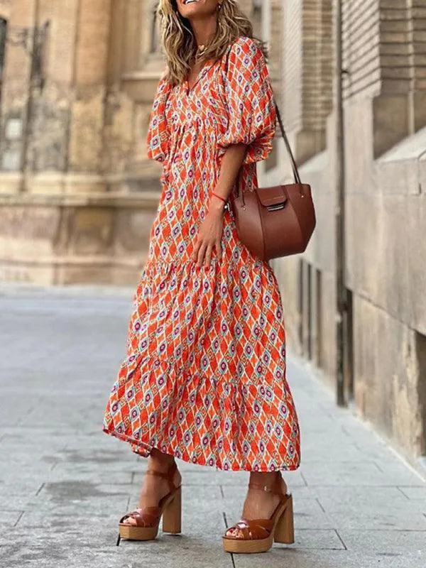 Geometric Puff-Sleeve Maxi Dress