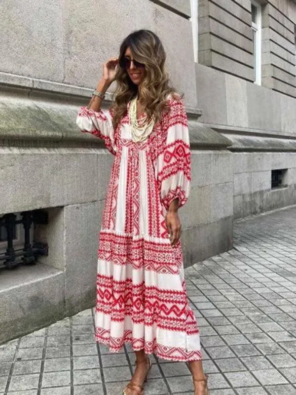 Geometric Puff-Sleeve Maxi Dress