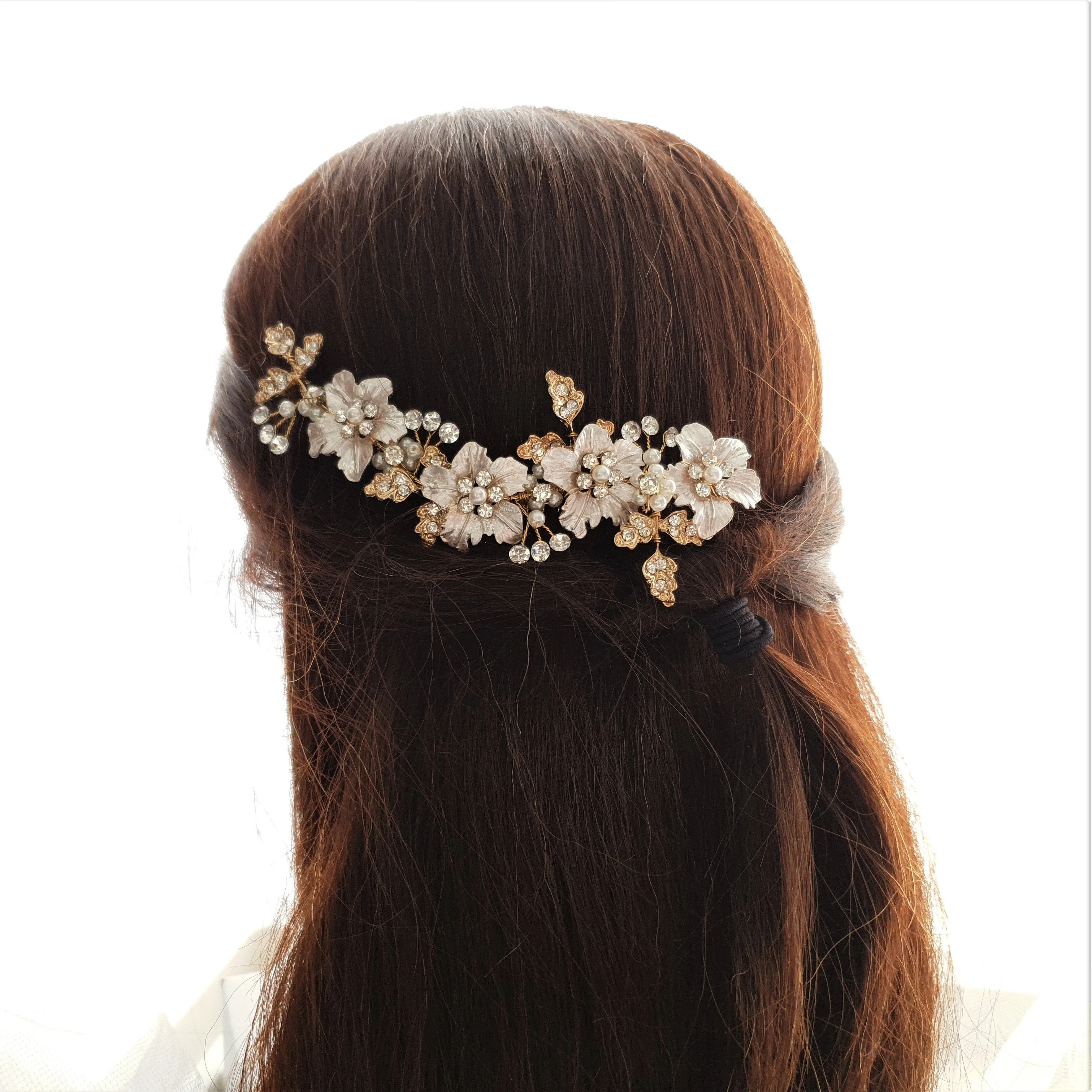 Gold Hair Comb for Weddings With Flowers and Leaves- Gardenia