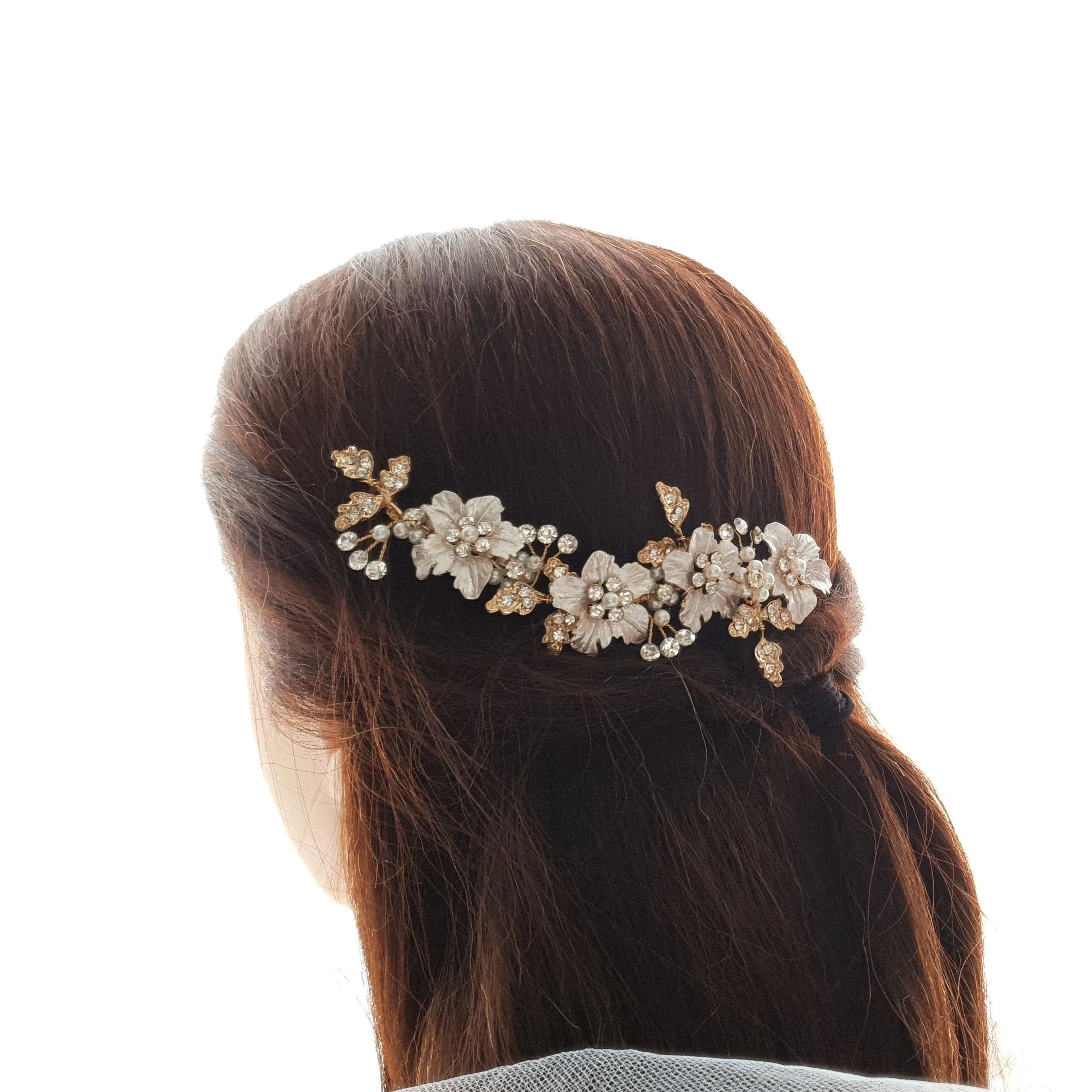 Gold Hair Comb for Weddings With Flowers and Leaves- Gardenia