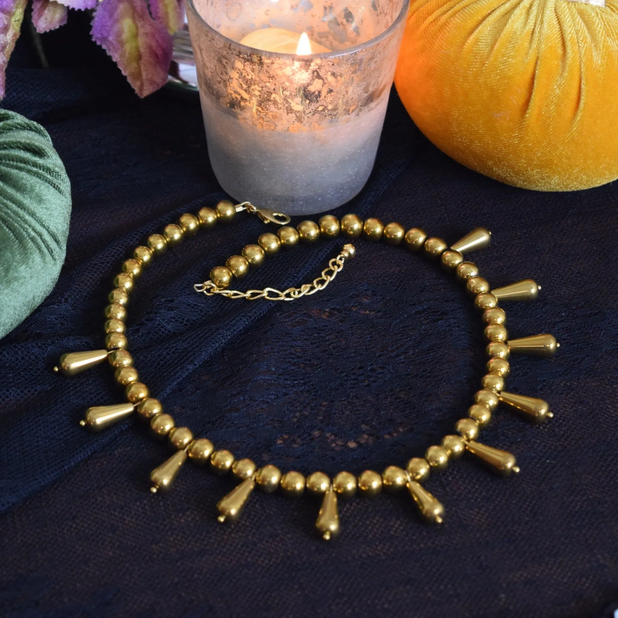 Golden Bead Fringe Necklace