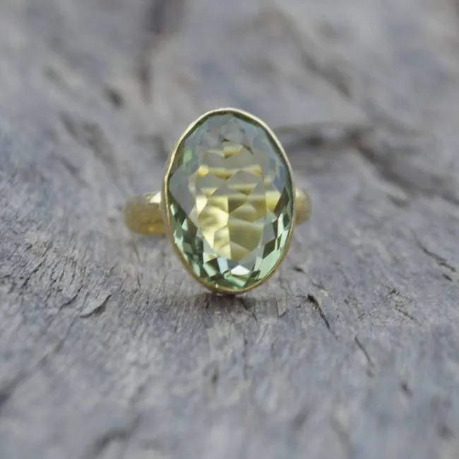 Green Amethyst 925 Sterling Silver Ring, Green Prasiolite 22K Yellow Gold Filled, 22K Rose Gold Filled Ring