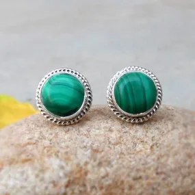 Green Malachite Stud, Green Gemstone Sterling Silver Studs, Handmade Jewelry, Silver Rope Edged Post Style Earrings, Malachite Earrings