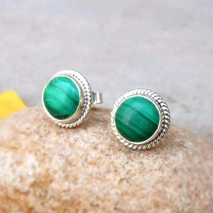 Green Malachite Stud, Green Gemstone Sterling Silver Studs, Handmade Jewelry, Silver Rope Edged Post Style Earrings, Malachite Earrings