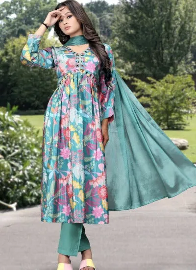 Green Satin Silk Floral Alia Cut Anarkali Suit Set