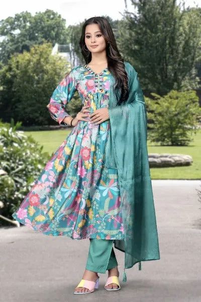 Green Satin Silk Floral Alia Cut Anarkali Suit Set