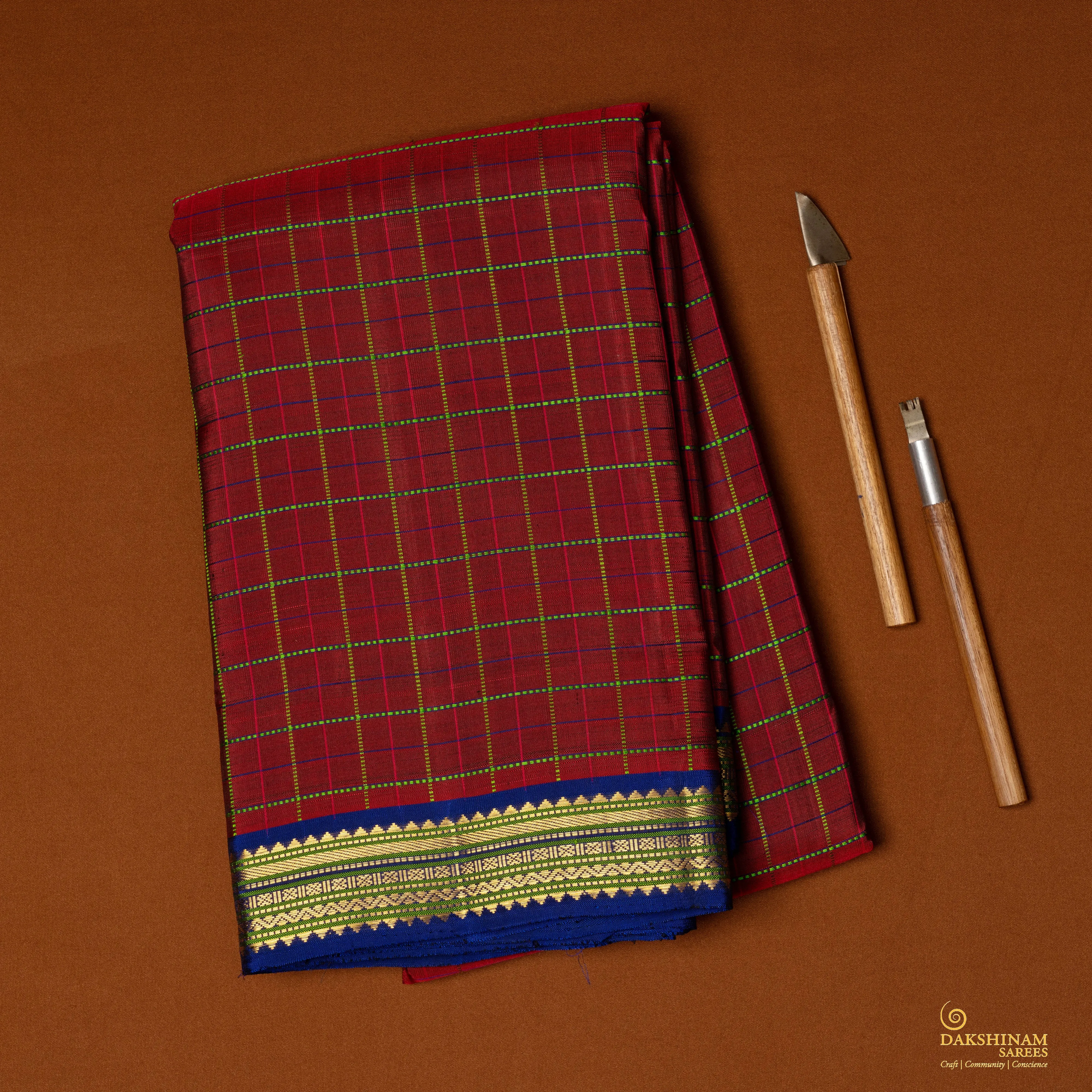 Handwoven Maroon with Blue Kanjivaram Silk Saree - 2026T009660DSC