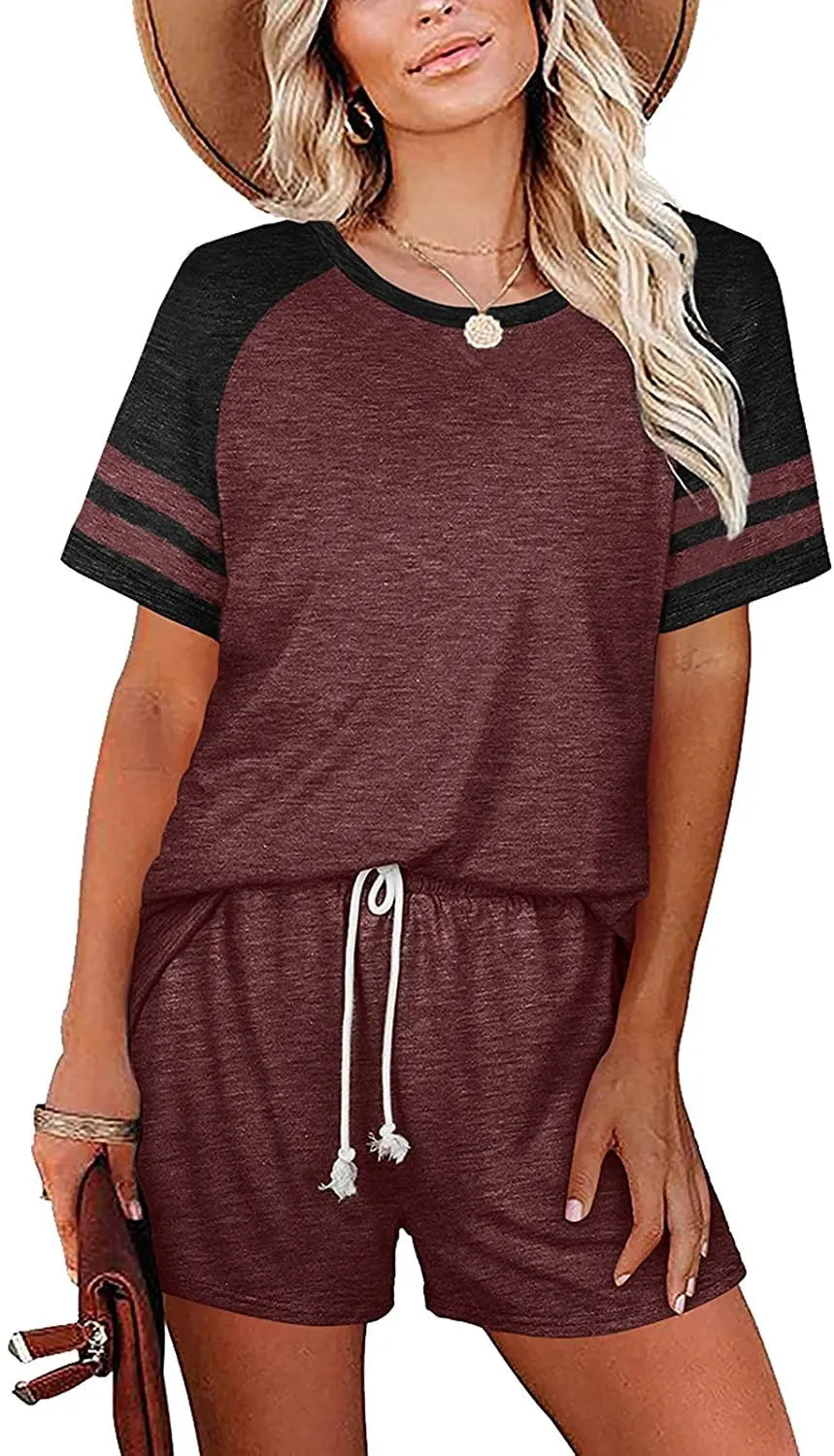 Haute Edition Raglan Contrast Striped Pajama Lounge Short Two Piece Set