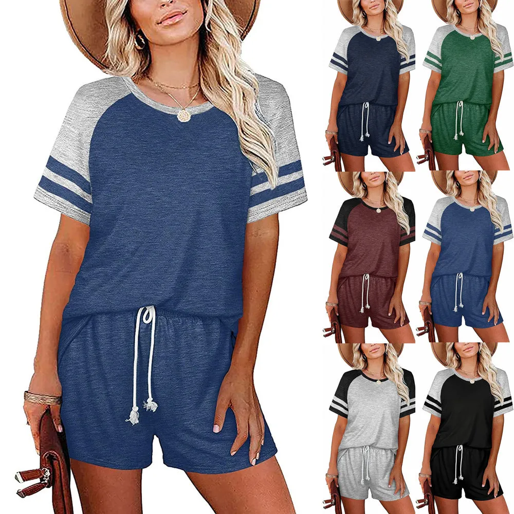 Haute Edition Raglan Contrast Striped Pajama Lounge Short Two Piece Set