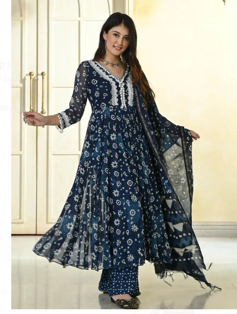 Indigo ShellWork Flared Cotton Salwar Suit