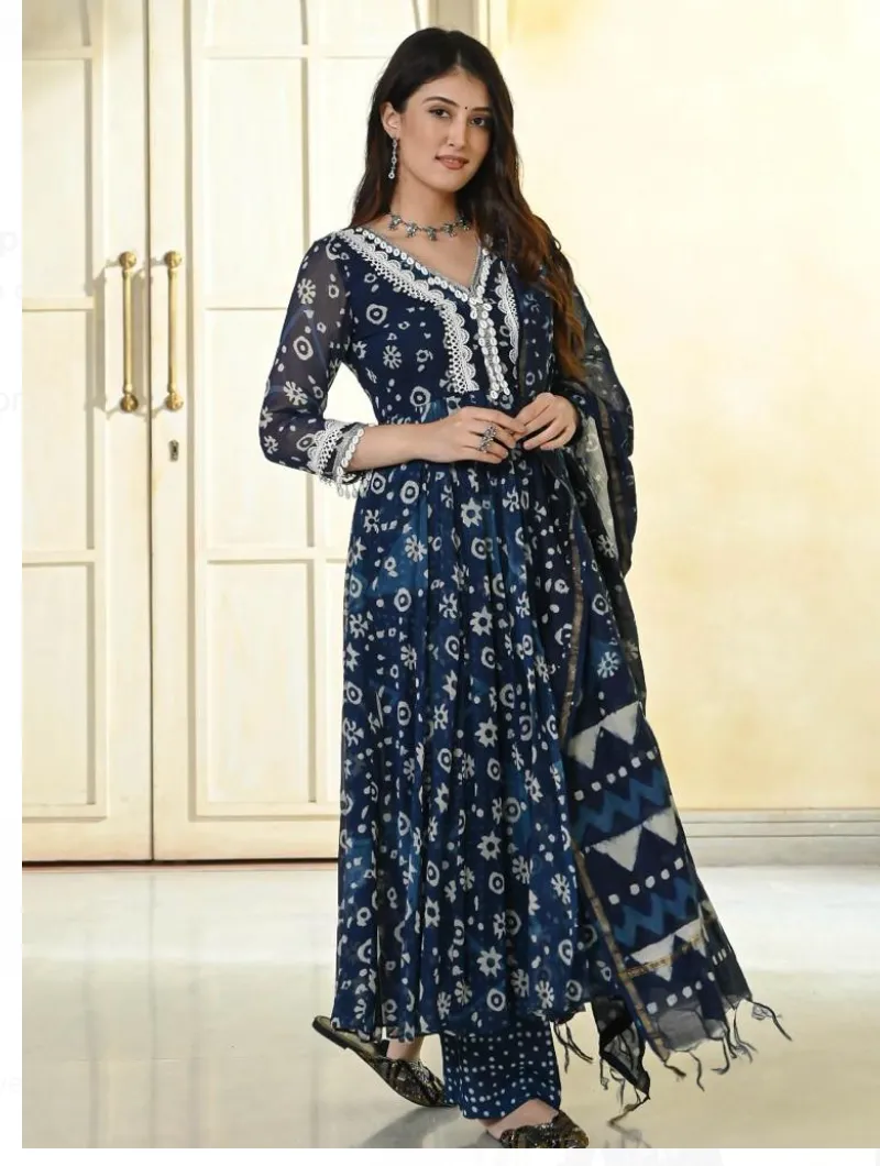 Indigo ShellWork Flared Cotton Salwar Suit