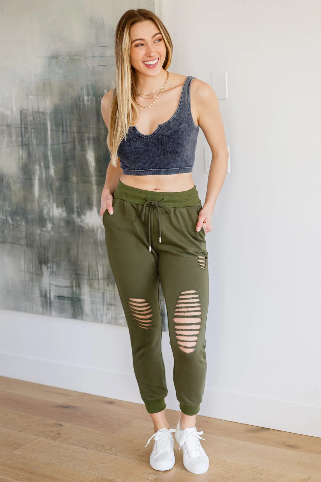 Kick Back Distressed Joggers in Olive BF35