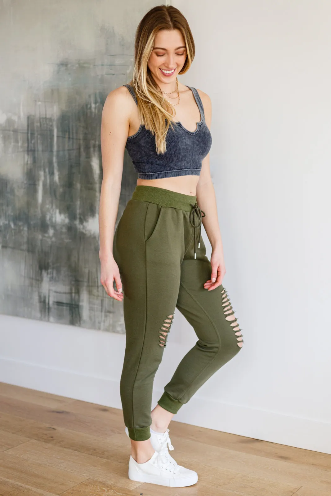 Kick Back Distressed Joggers in Olive BF35