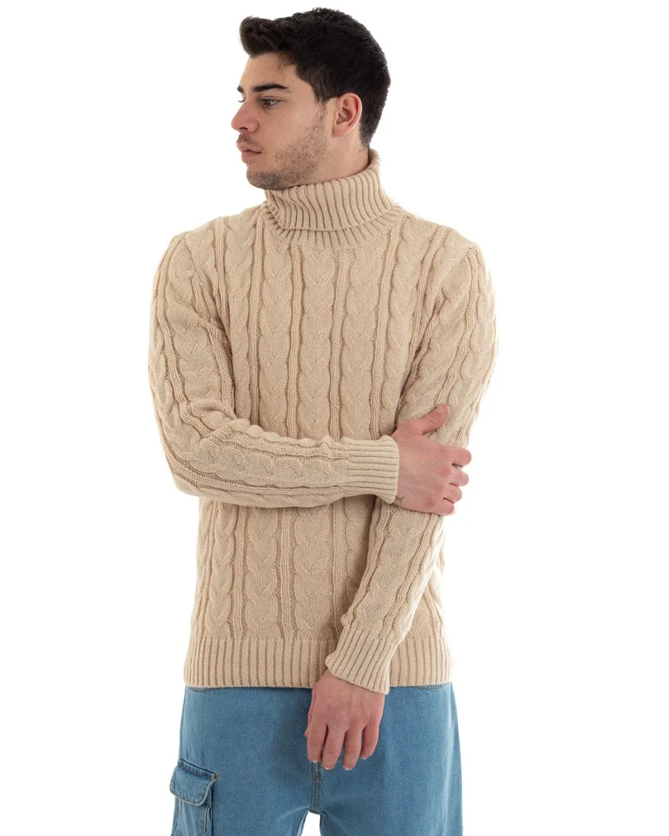 Maglioncino Uomo Maglione Collo Alto Trecce Tinta Unita Beige Dolcevita Casual GIOSAL-M2646A