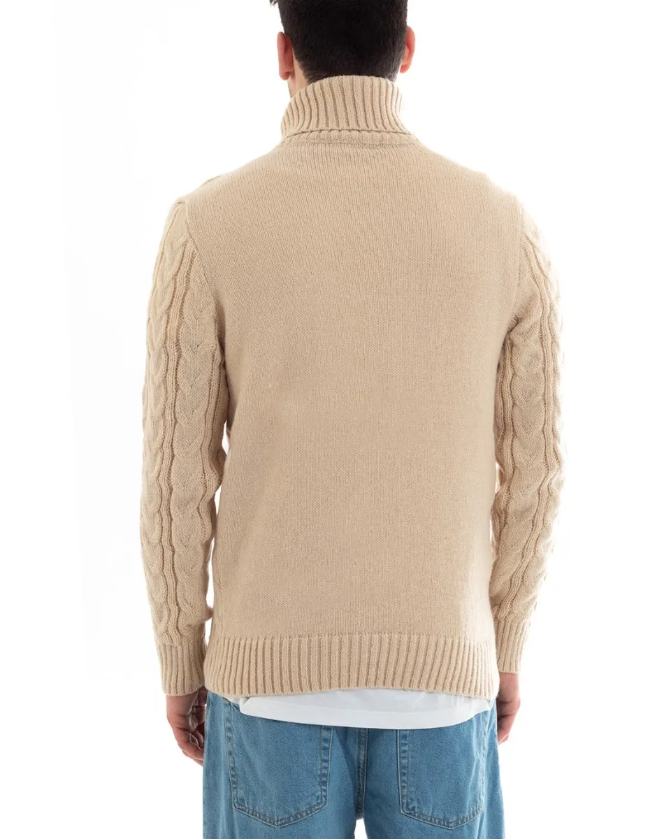 Maglioncino Uomo Maglione Collo Alto Trecce Tinta Unita Beige Dolcevita Casual GIOSAL-M2646A