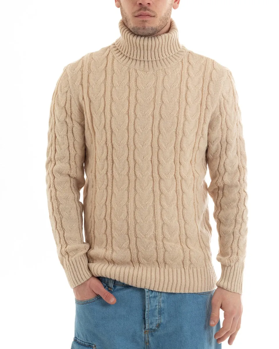 Maglioncino Uomo Maglione Collo Alto Trecce Tinta Unita Beige Dolcevita Casual GIOSAL-M2646A