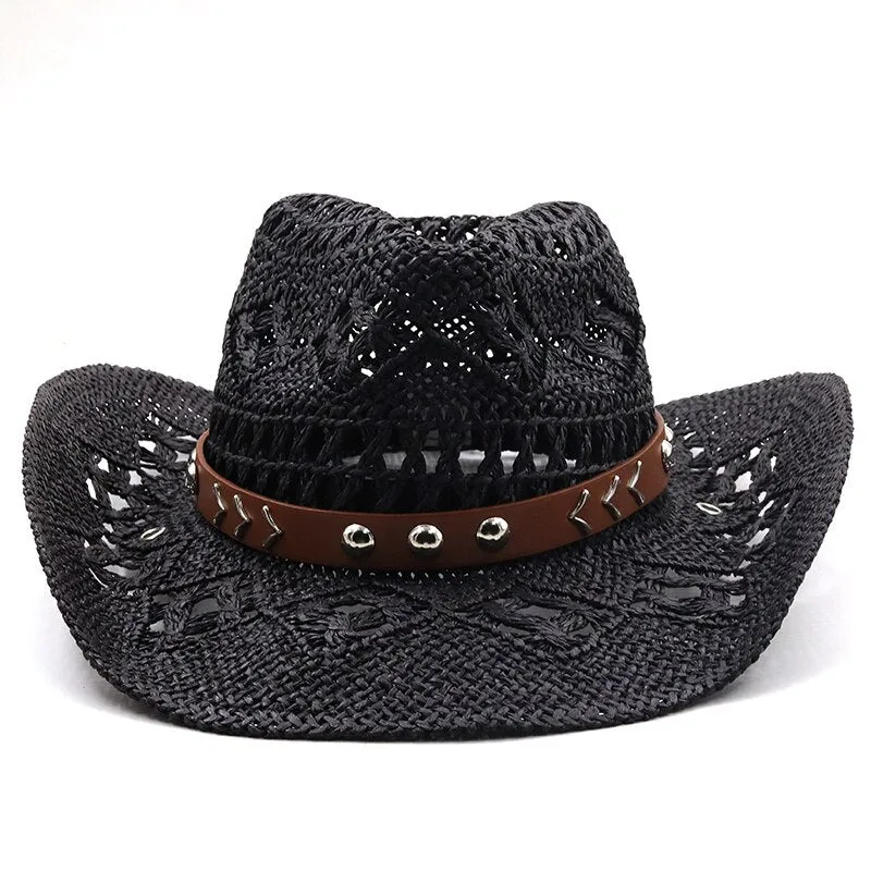 New Cowboy Hat Summer Straw Womens Hats Handmade Sun Hat for Men Cowgirl False Gem Decoration Casual Beach Cap Panama