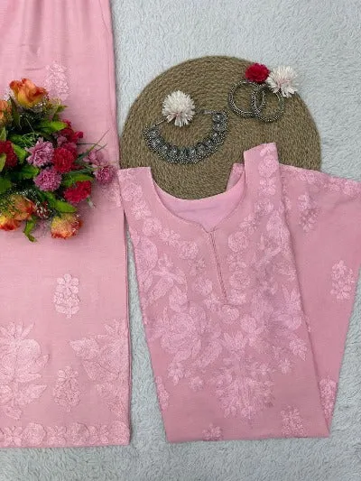 Pastel Pink Chikankari Work Kurti Palazzo Set UK Next Day