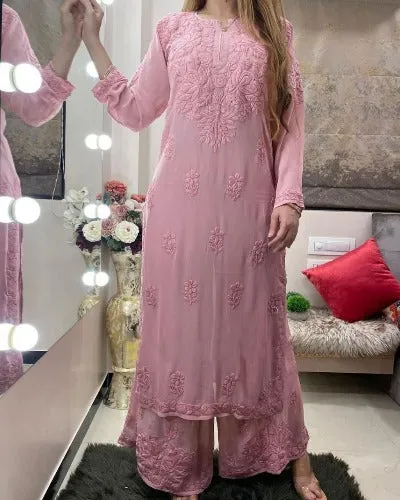 Pastel Pink Chikankari Work Kurti Palazzo Set UK Next Day