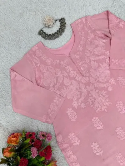 Pastel Pink Chikankari Work Kurti Palazzo Set UK Next Day