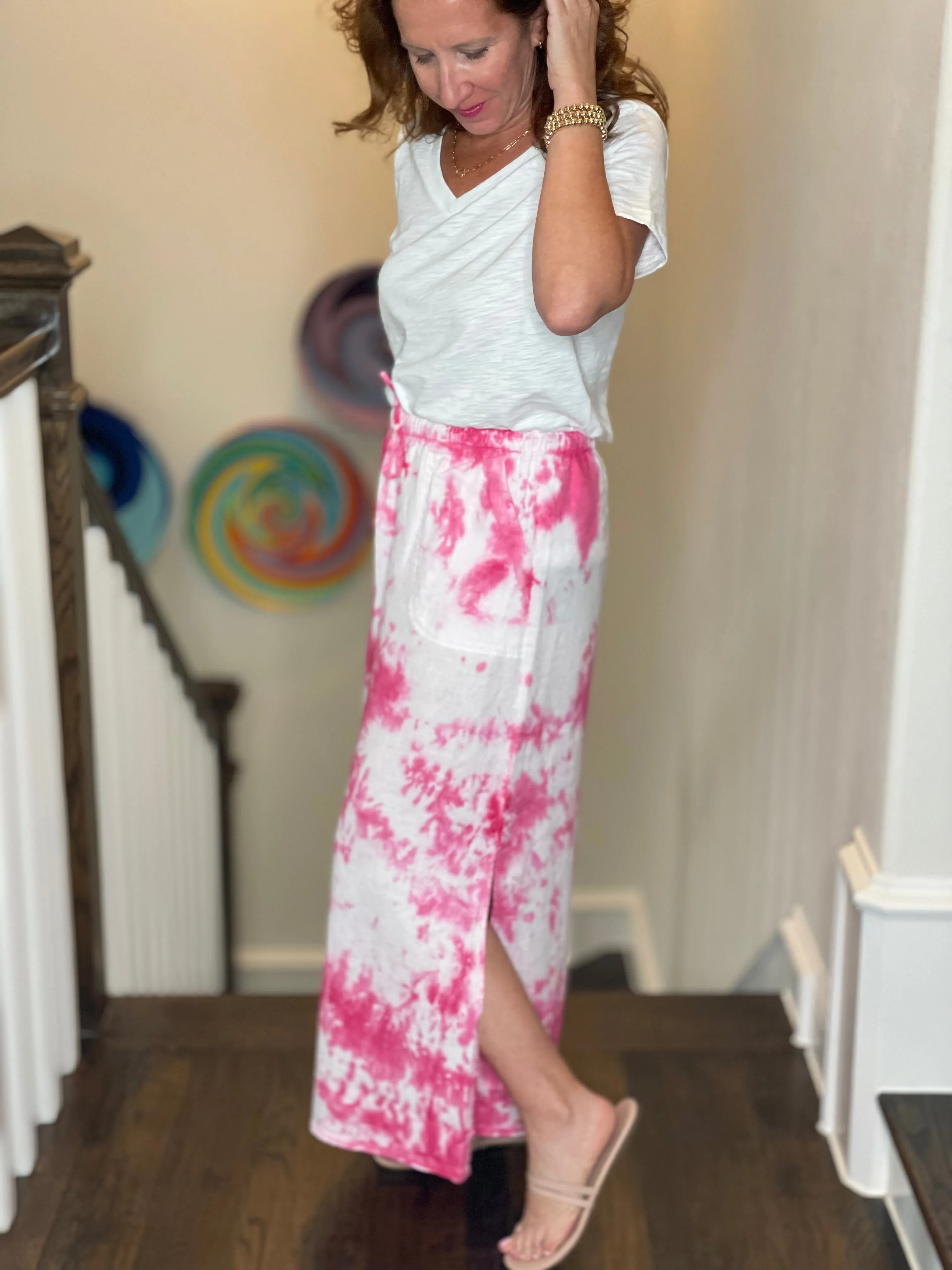 Pure Amici Long Linen Skirt in Petal Tie Dye