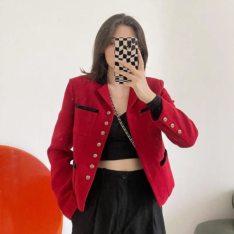 Red Short Wool Blazer Jacket Coat