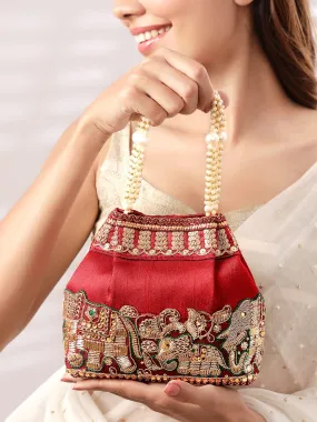 Rubans Maroon Coloured Potli Handbag With Silver Embroidery And Pearls