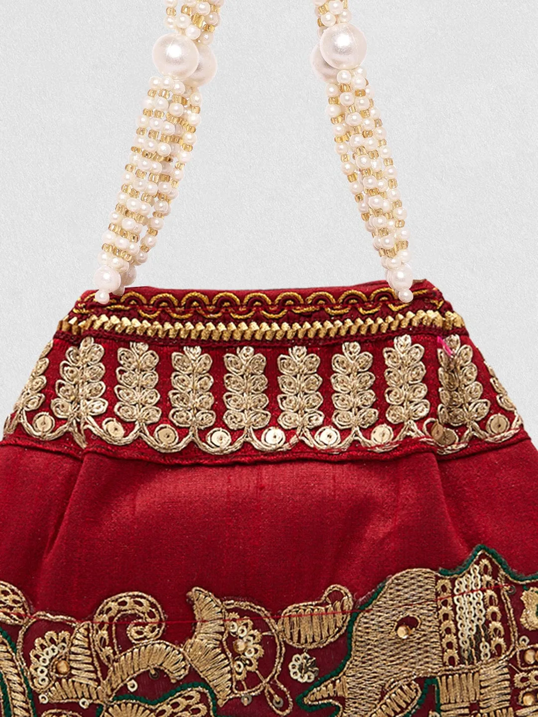 Rubans Maroon Coloured Potli Handbag With Silver Embroidery And Pearls