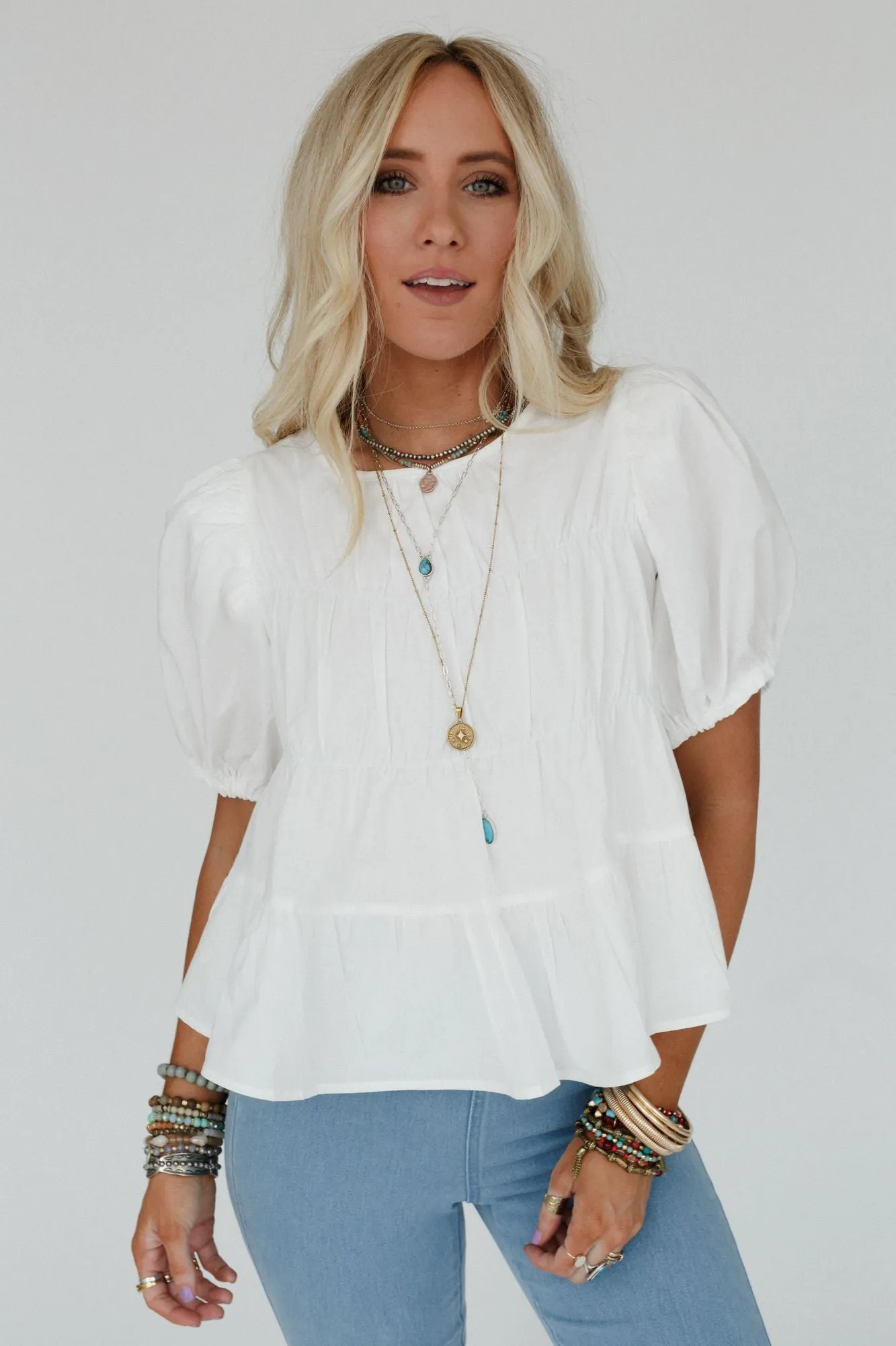 Shirr Delight Puff Sleeve Top - Off White