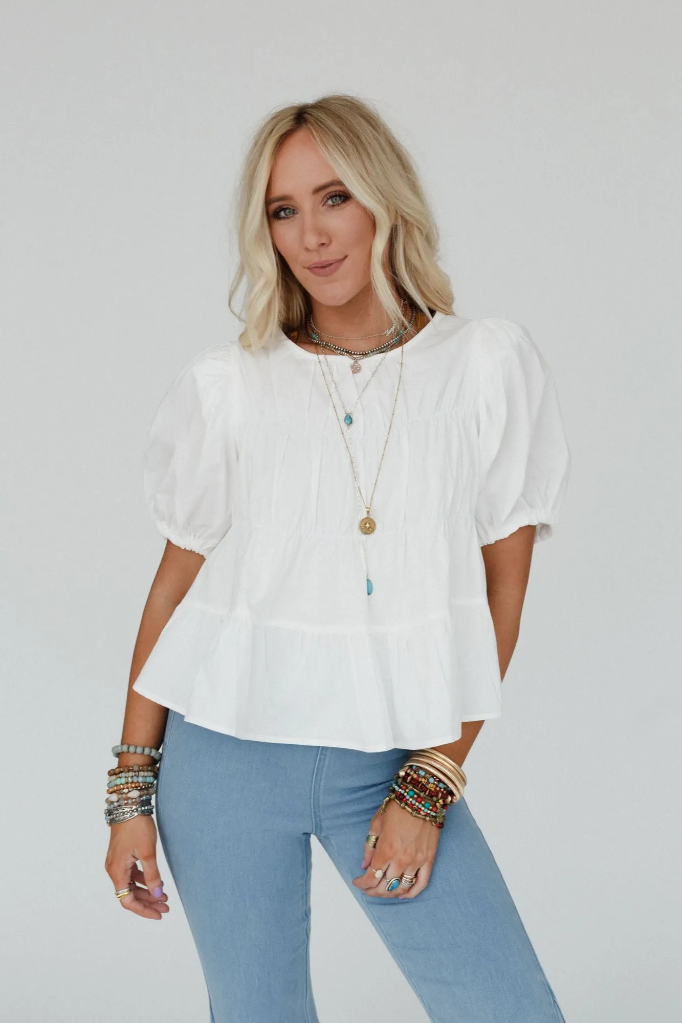 Shirr Delight Puff Sleeve Top - Off White