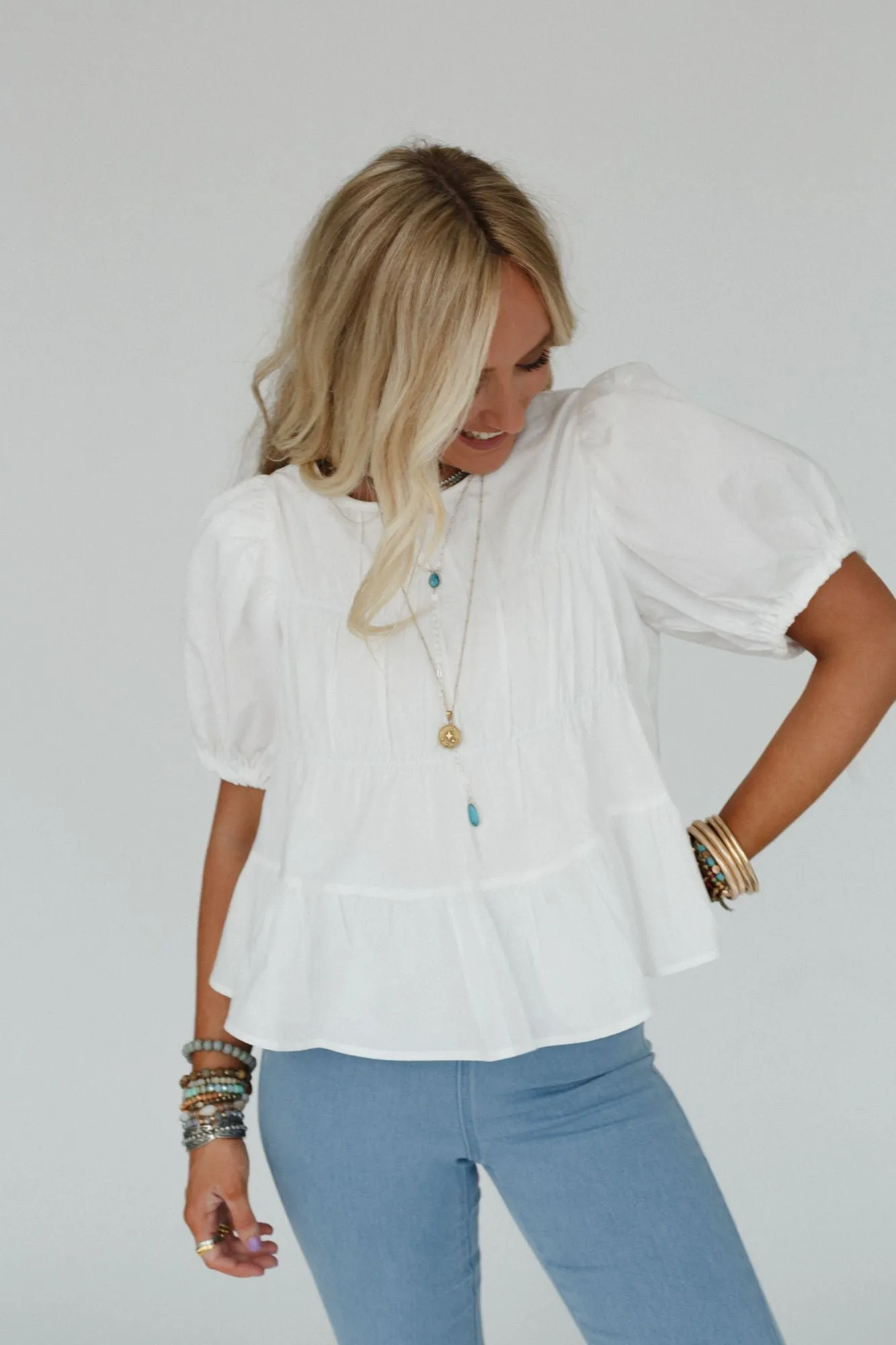 Shirr Delight Puff Sleeve Top - Off White