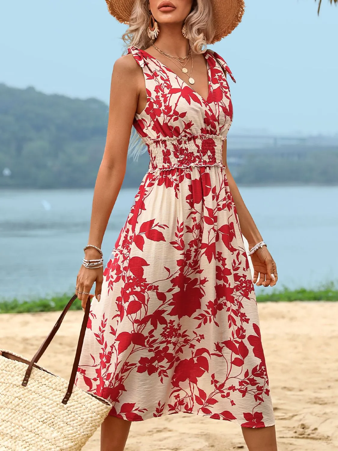 Sunset Vacation Smocked Printed Surplice Midi Dress