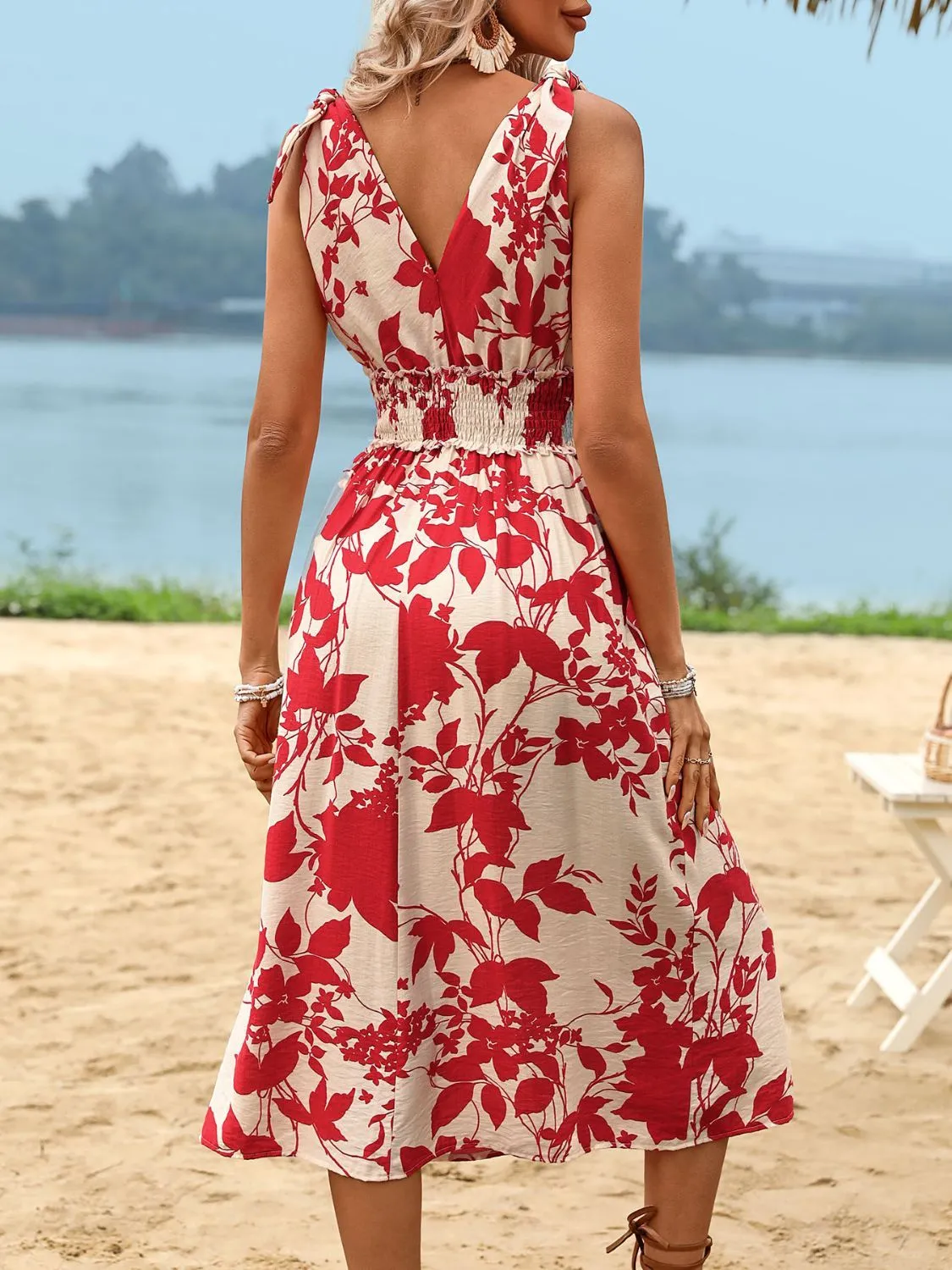 Sunset Vacation Smocked Printed Surplice Midi Dress