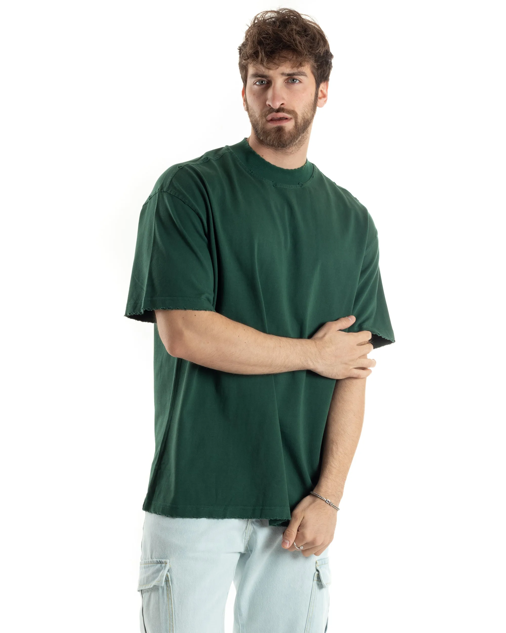 T-shirt Uomo Girocollo Boxy Fit Cotone Basic Con Rotture Relaxed Fit Gola Alta Verde GIOSAL-TS3014A