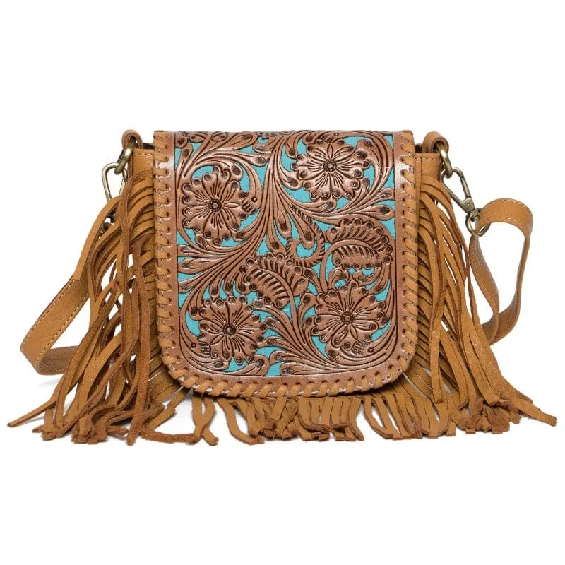 Tooled Leather Handbag with Fringes