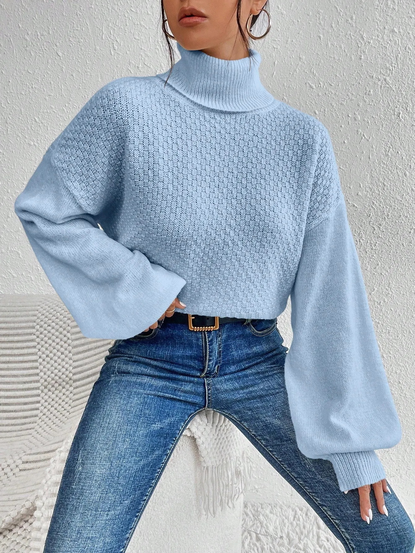 Turtleneck Twist Back Drop Shoulder Sweater